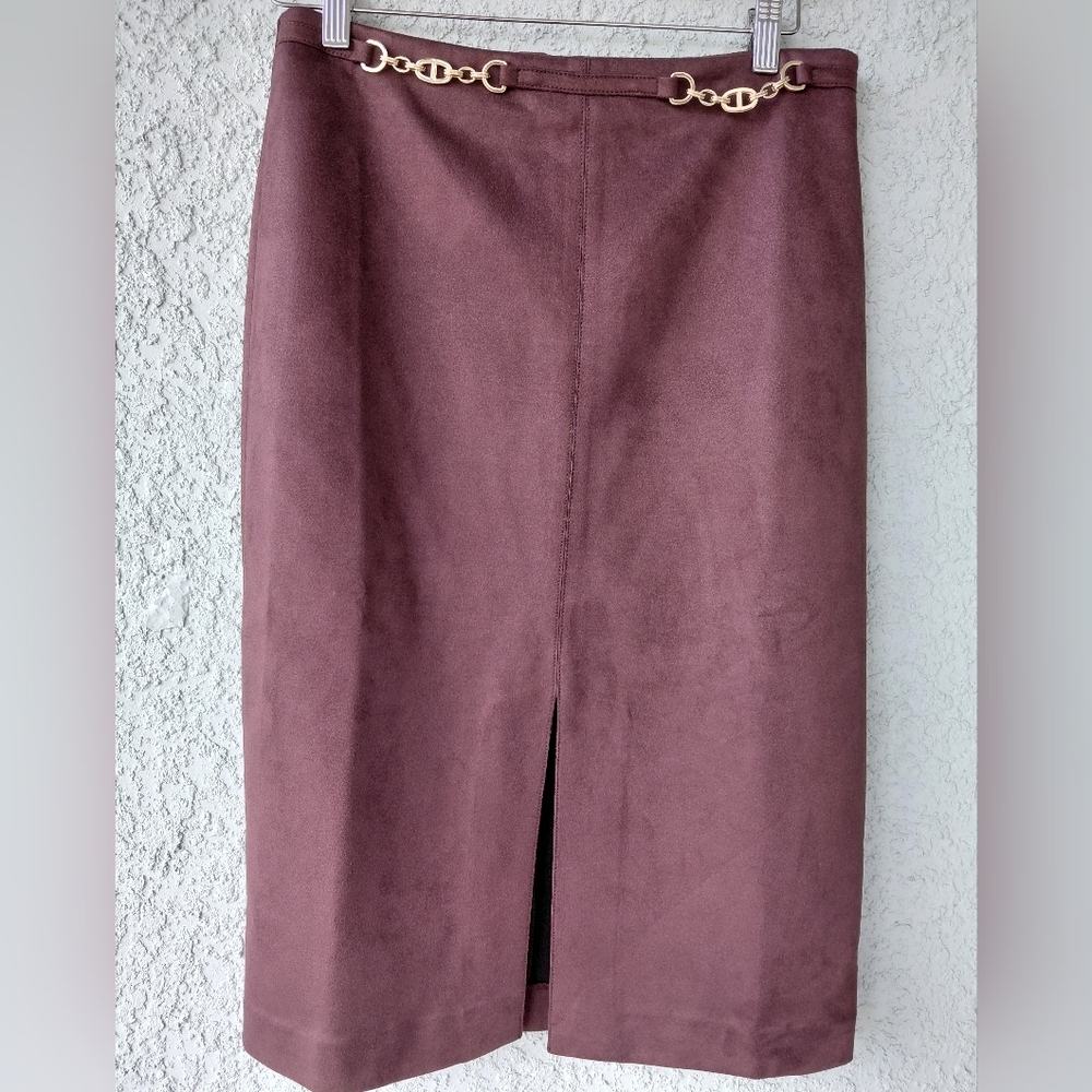 Ann Taylor Brown Faux Suede Pencil Skirt with Gold Chain